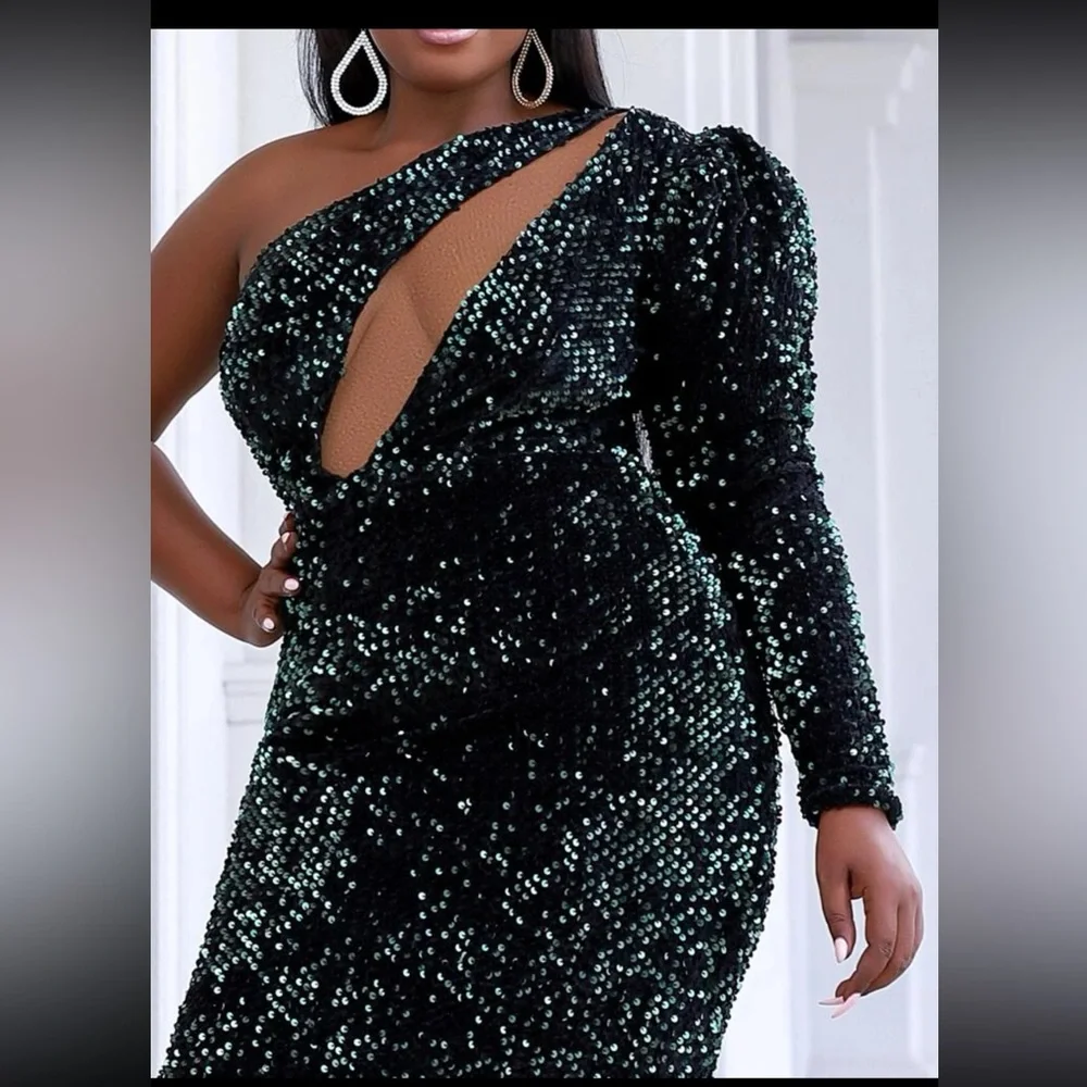 Seomiscky Plus Size One Shoulder Dress Green Sequin Dress - Picture 2 of 9
